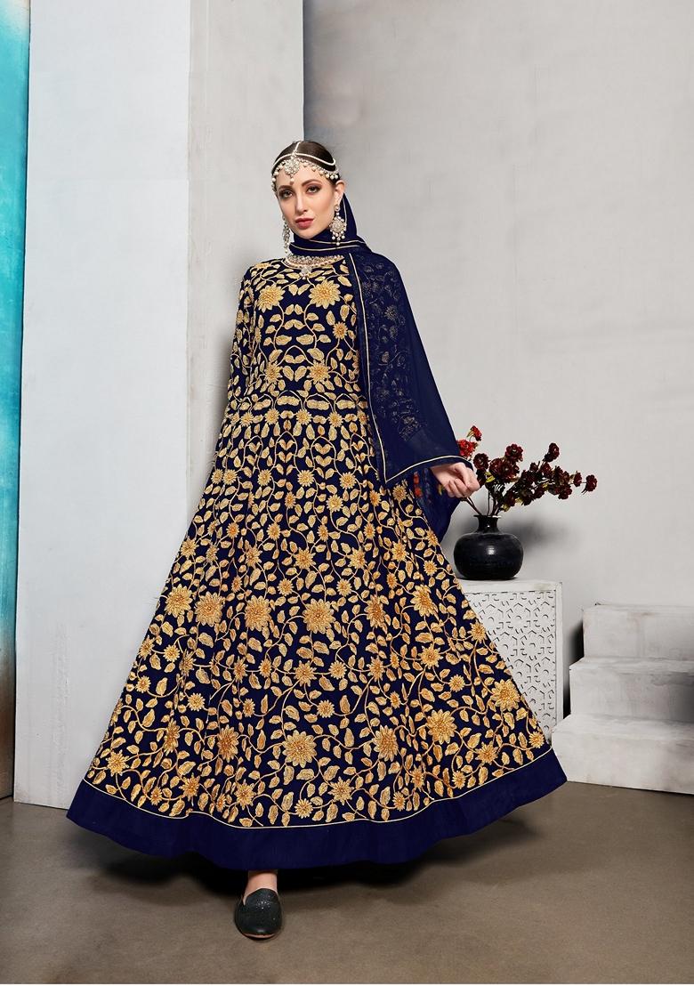 Blue Embroidered Georgette Anarkali Gown Set