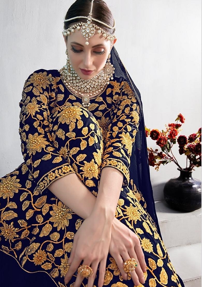 Blue Embroidered Georgette Anarkali Gown Set