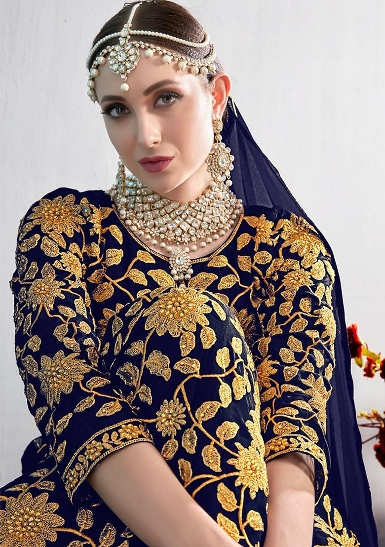 Blue Embroidered Georgette Anarkali Gown Set