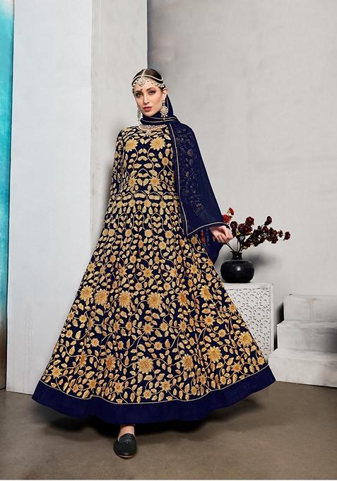 Blue Embroidered Georgette Anarkali Gown Set