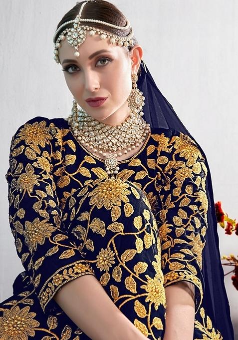 Blue Embroidered Georgette Anarkali Gown Set