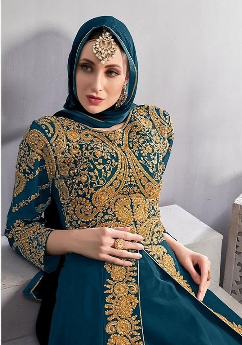 Rama Blue Embroidered Georgette Anarkali Gown Set