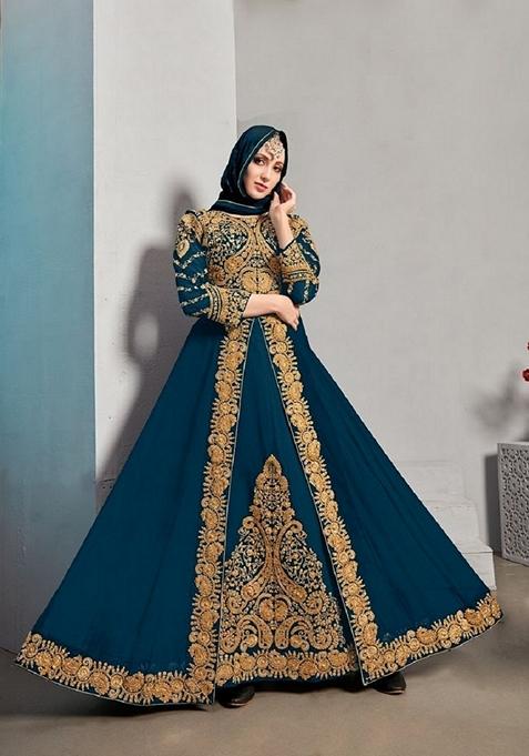 Rama Blue Embroidered Georgette Anarkali Gown Set