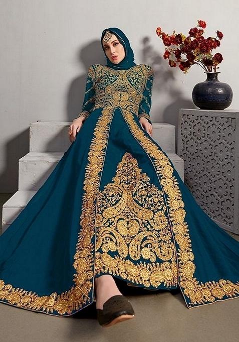 Rama Blue Embroidered Georgette Anarkali Gown Set