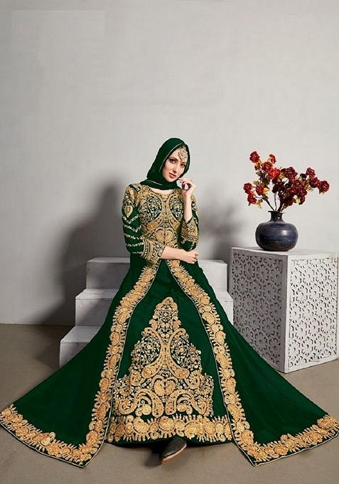 Green Embroidered Georgette Anarkali Gown Set