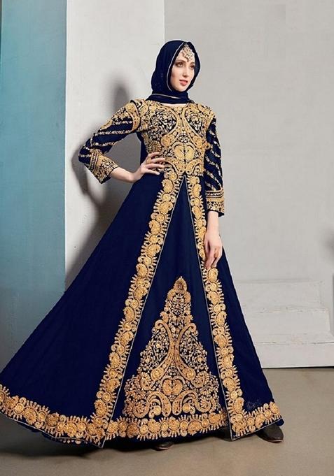 Blue Embroidered Georgette Anarkali Gown Set