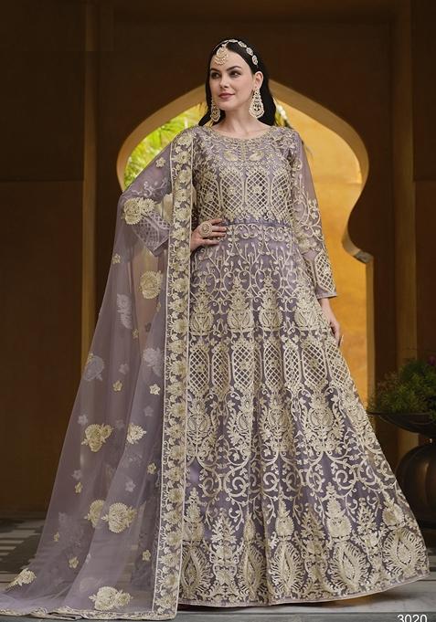 Purple Embroidered Net Anarkali Gown Set