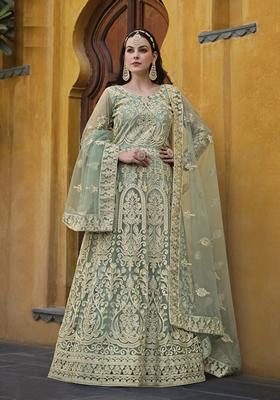 Green Embroidered Net Anarkali Gown Set