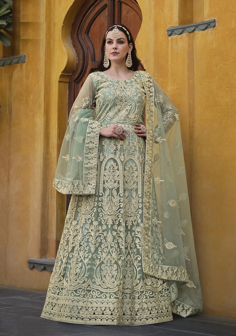 Green Embroidered Net Anarkali Gown Set