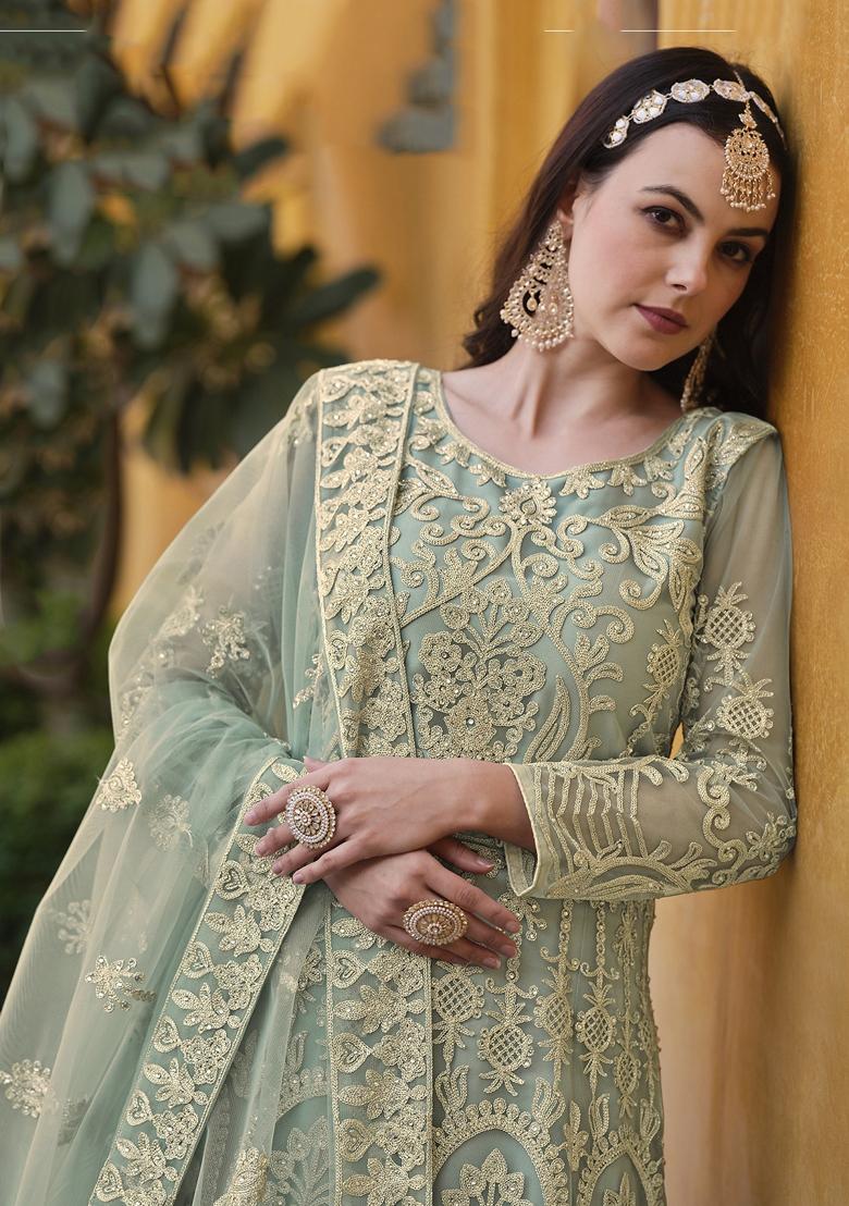 Green Embroidered Net Anarkali Gown Set