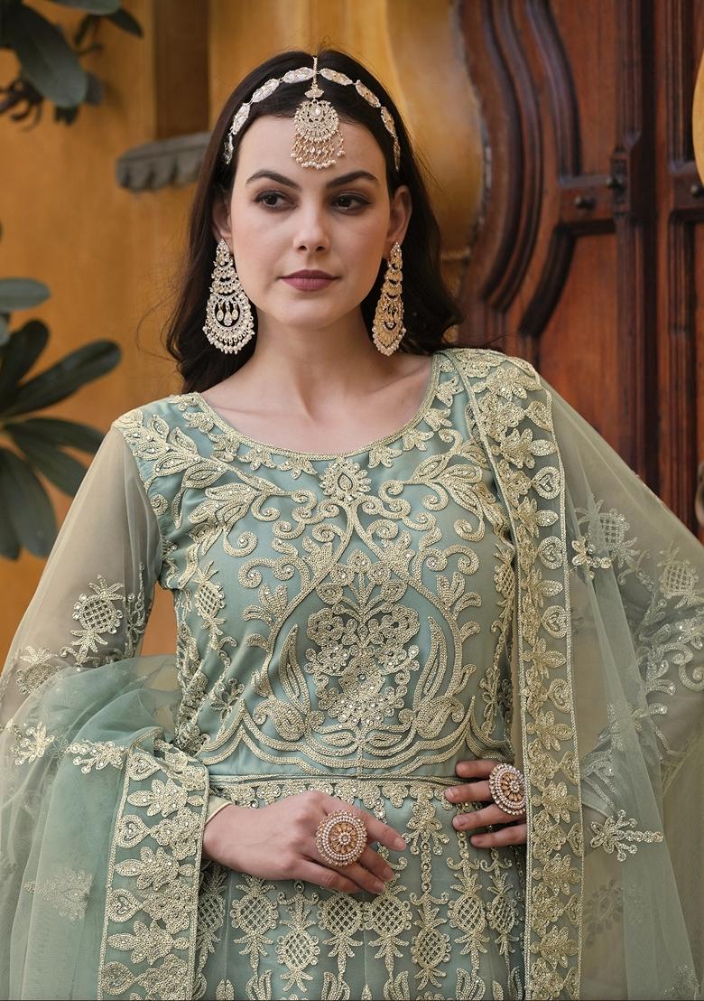 Green Embroidered Net Anarkali Gown Set