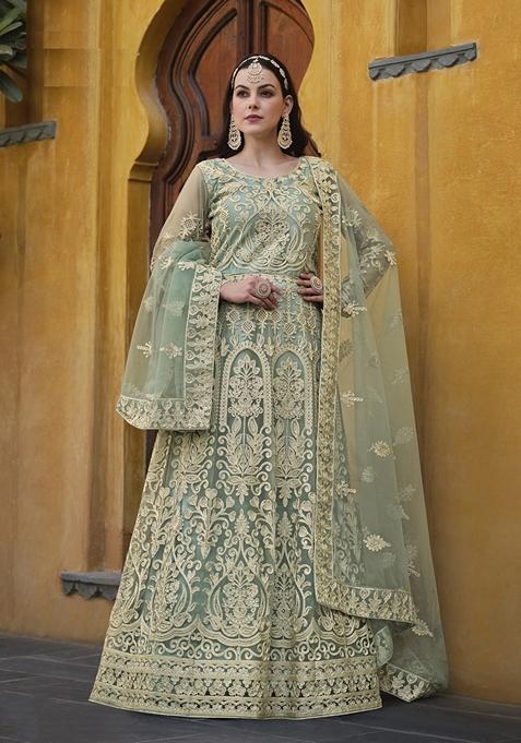 Green Embroidered Net Anarkali Gown Set