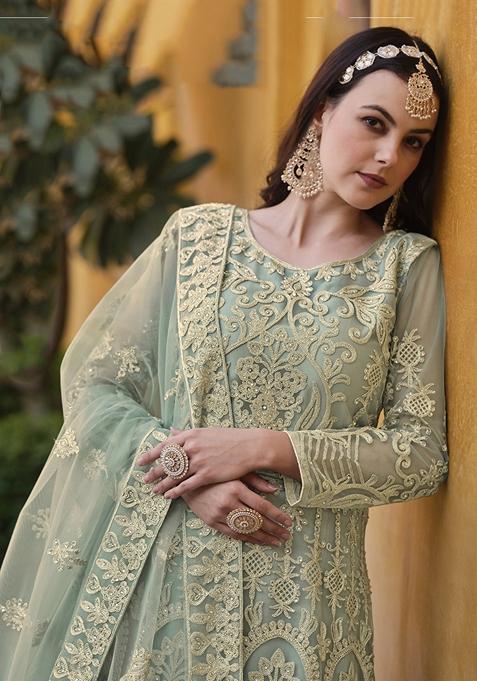 Green Embroidered Net Anarkali Gown Set