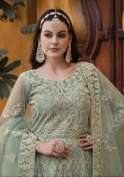 Green Embroidered Net Anarkali Gown Set