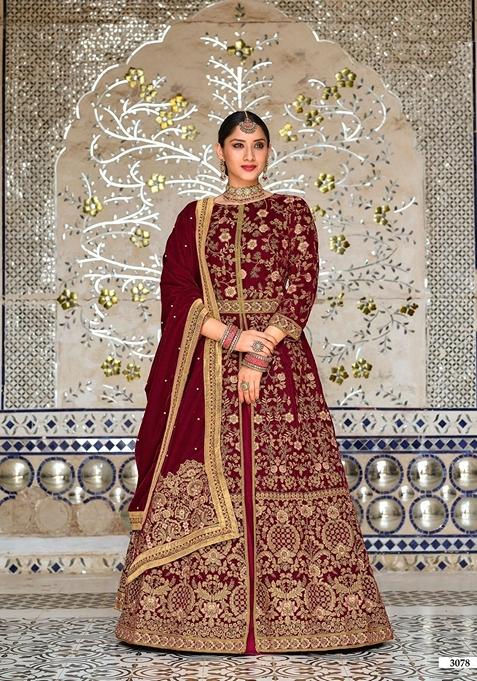 Maroon Embroidered Velvet Anarkali Gown Set