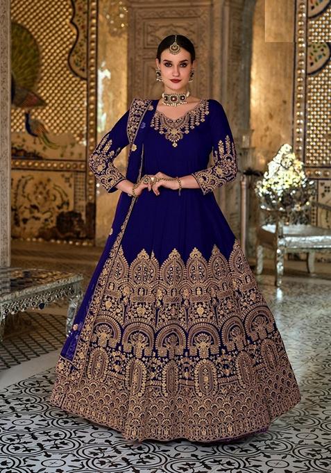 Blue Embroidered Velvet Anarkali Gown Set