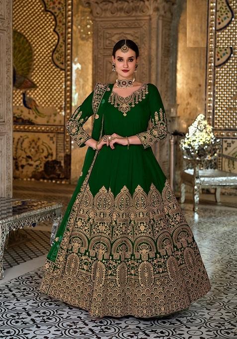 Green Embroidered Velvet Anarkali Gown Set