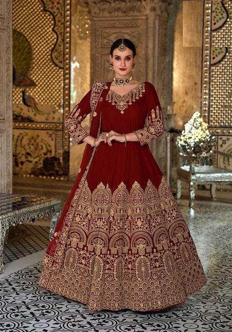 Maroon Embroidered Velvet Anarkali Gown Set