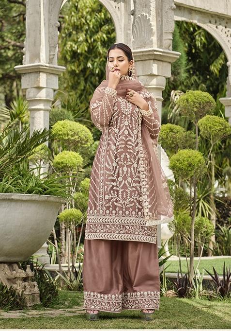 Dusty Pink Embroidered Net Kurta Set