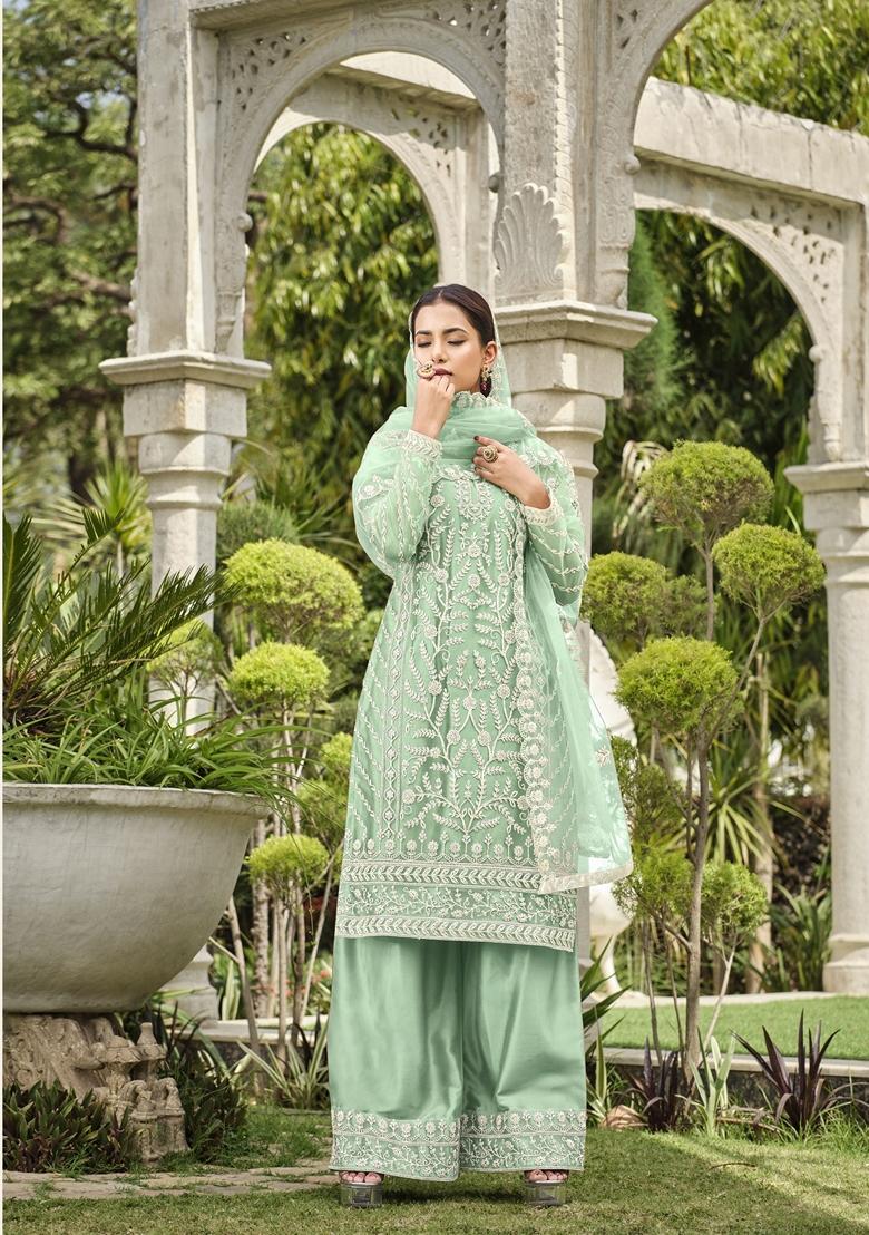 Green Embroidered Net Kurta Set