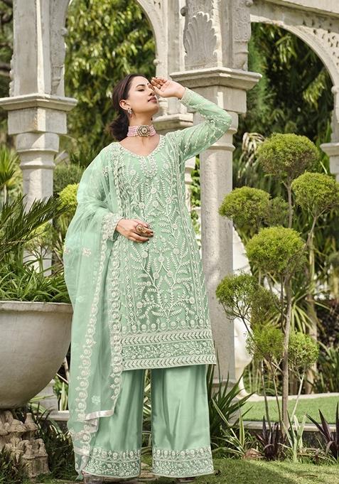 Green Embroidered Net Kurta Set