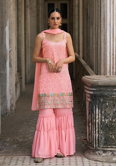 Pink Embroidered Georgette Kurta Set