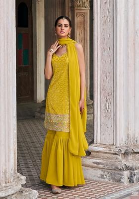 Yellow Embroidered Georgette Kurta Set
