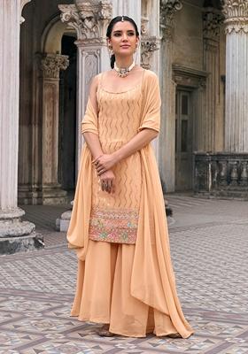 Peach Embroidered Georgette Kurta Set