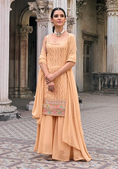 Peach Embroidered Georgette Kurta Set