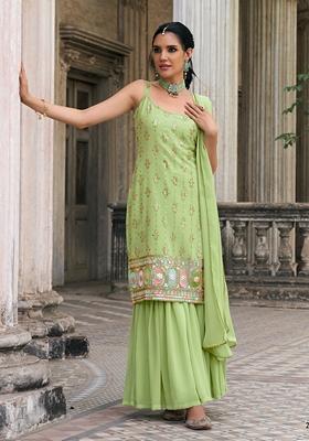 Green Embroidered Georgette Kurta Set