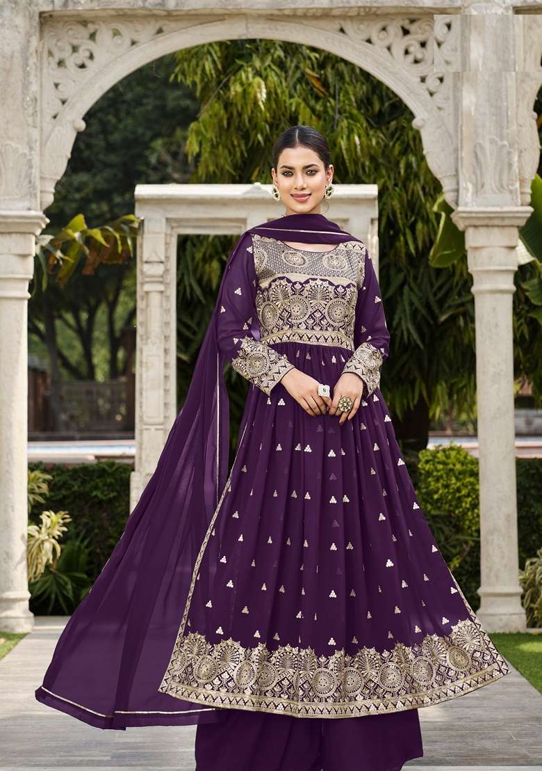 Wine Embroidered Georgette Sharara Set - Indya