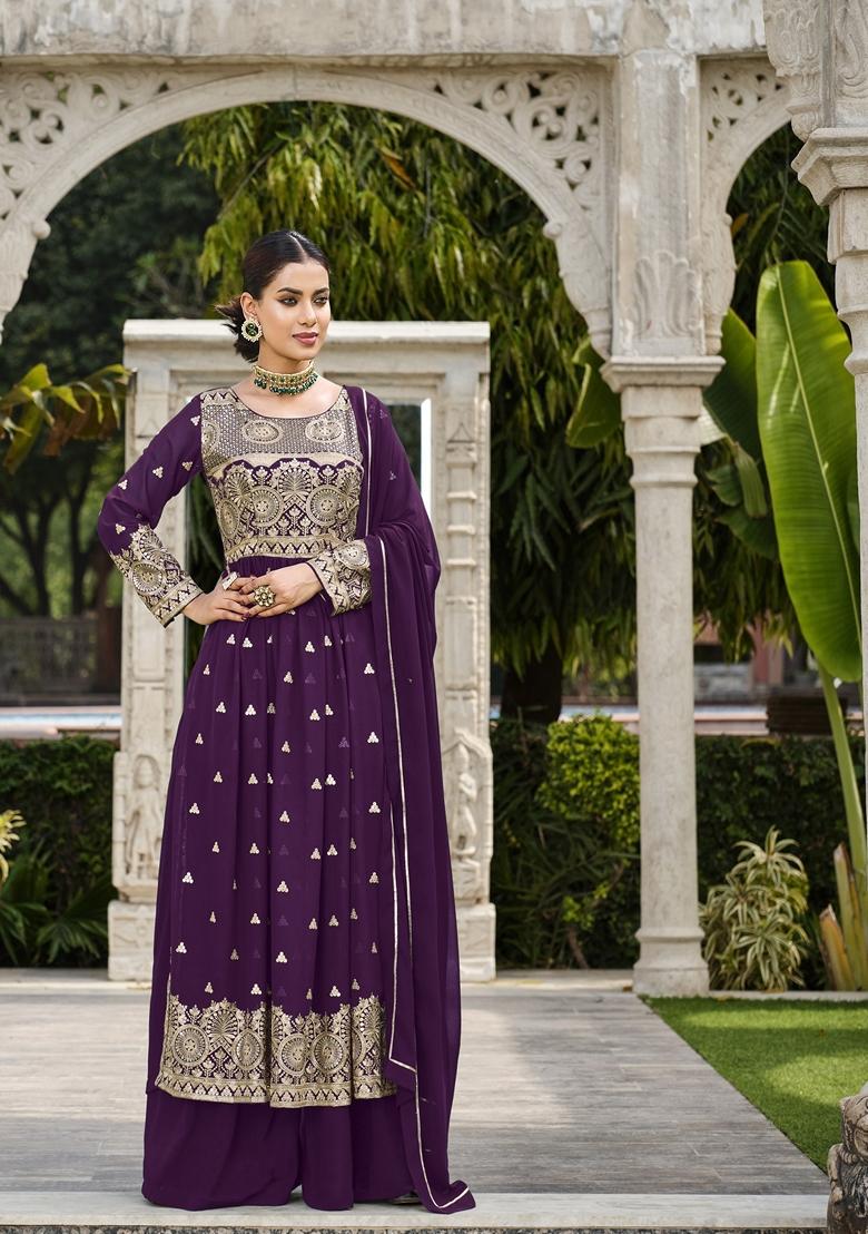 Wine Embroidered Georgette Kurta Set