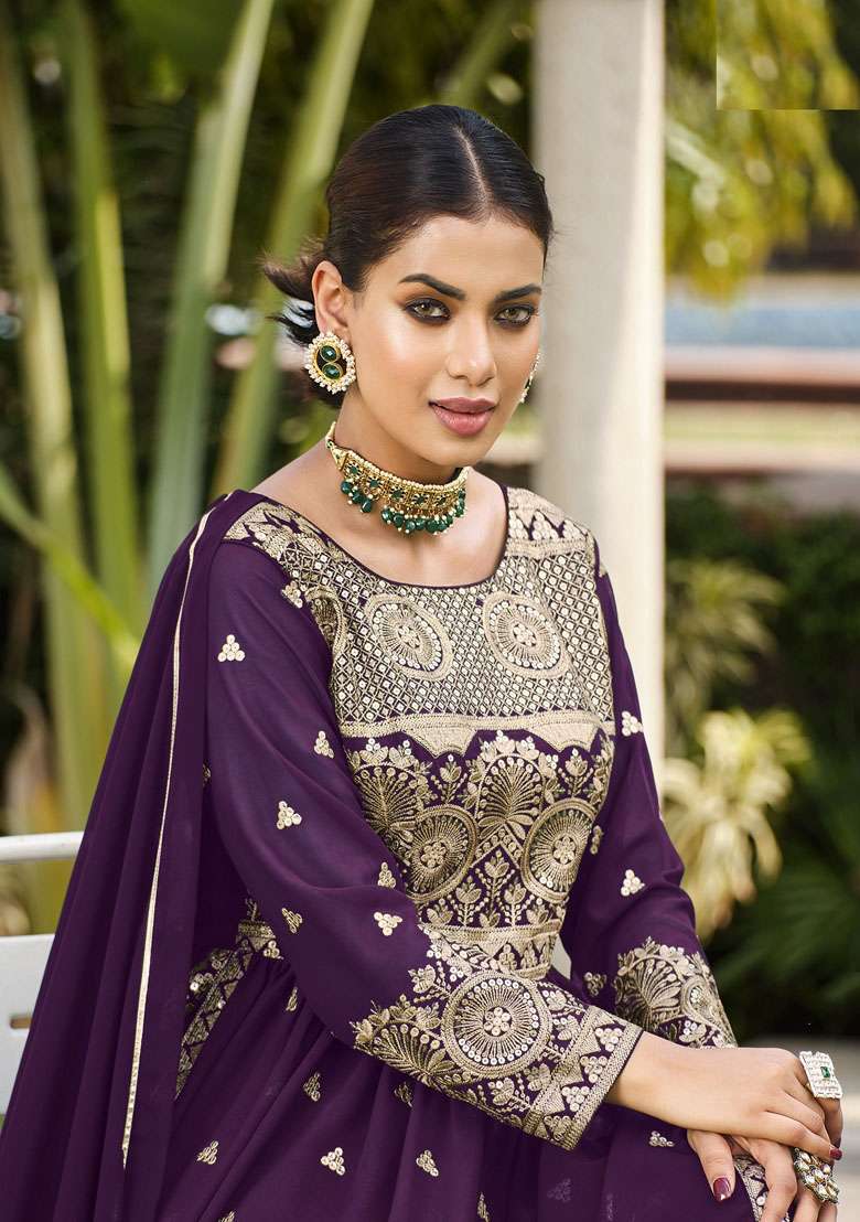 Wine Embroidered Georgette Sharara Set - Indya