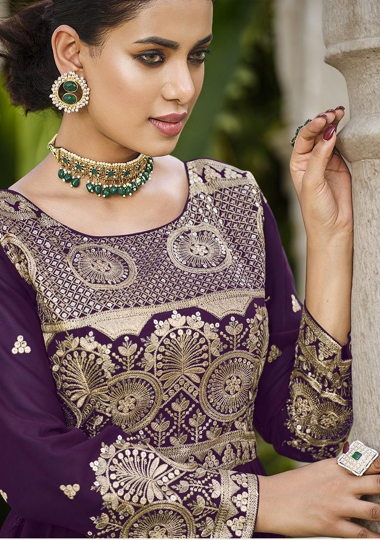 Wine Embroidered Georgette Kurta Set