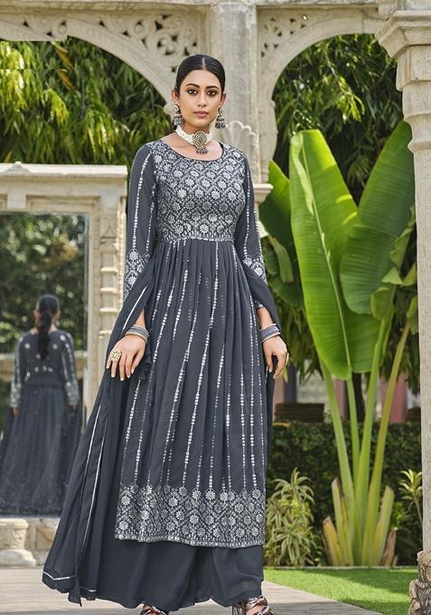 Grey Embroidered Georgette Kurta Set