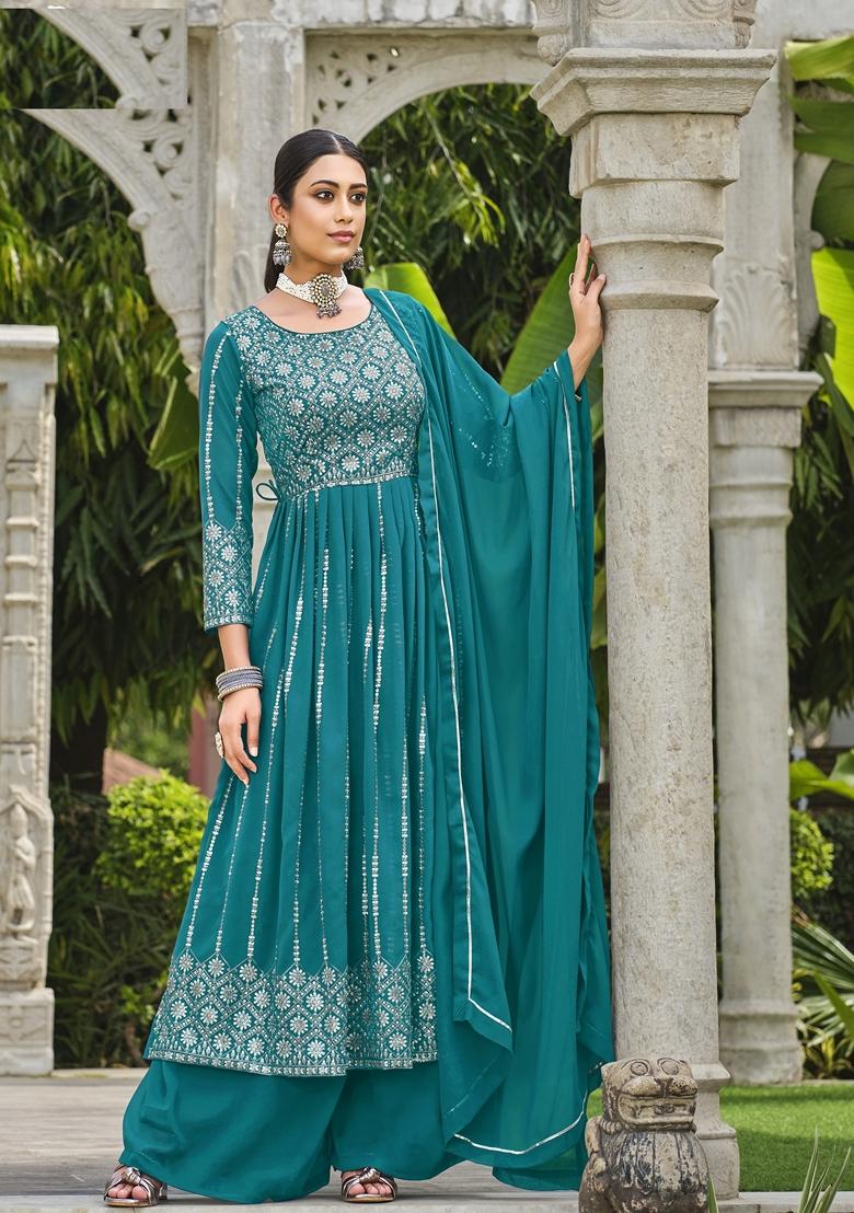 Blue Embroidered Georgette Kurta Set