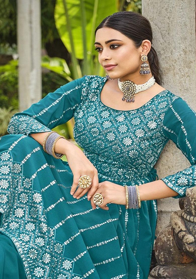 Blue Embroidered Georgette Kurta Set