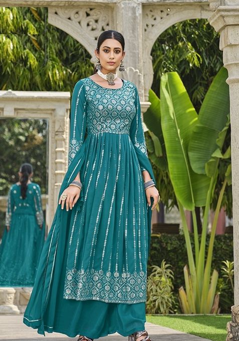 Blue Embroidered Georgette Kurta Set