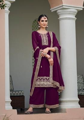 Wine Embroidered Georgette Kurta Set