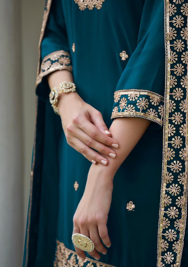 Blue Embroidered Georgette Kurta Set - Indya