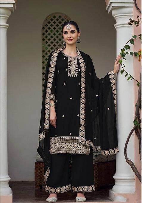 Black Embroidered Georgette Kurta Set