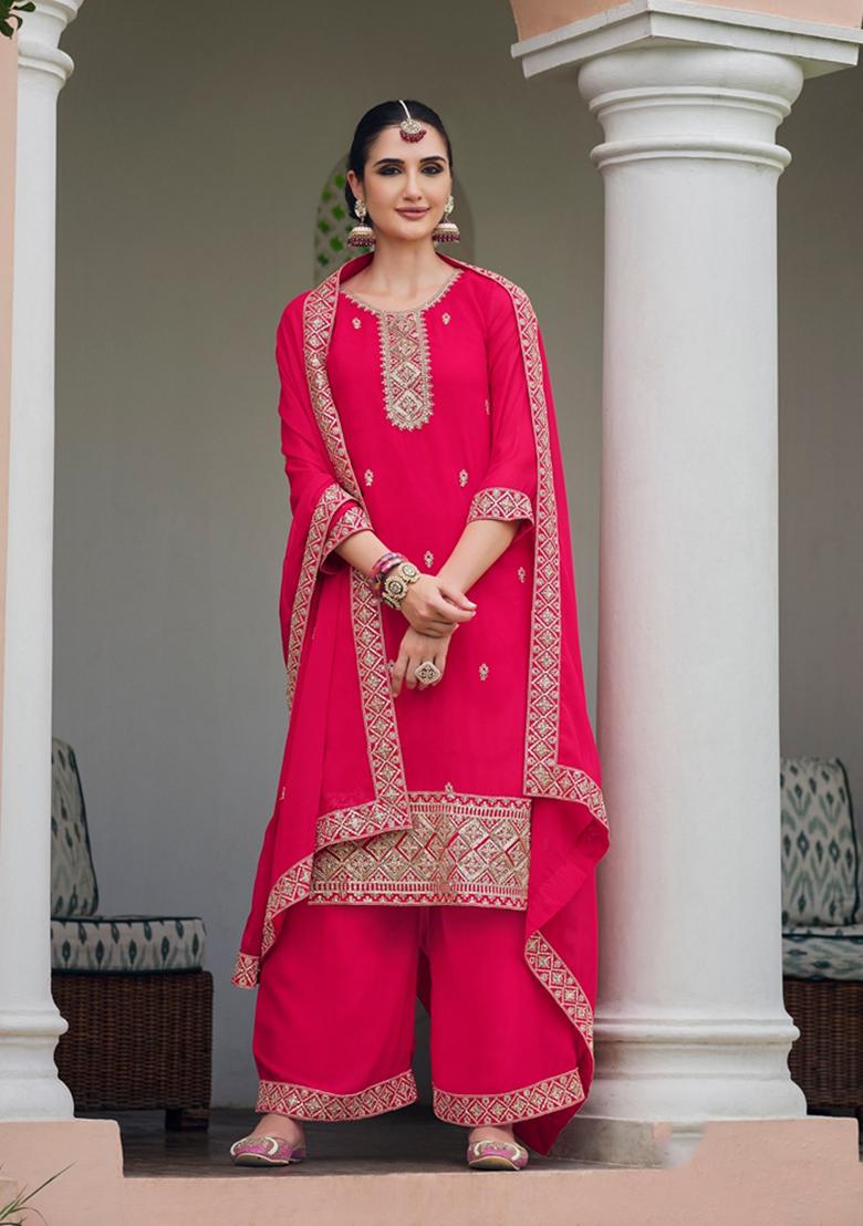 Pink Embroidered Georgette Kurta Set
