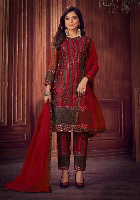 Red Embroidered Net Kurta Set