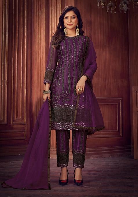 Purple Embroidered Net Kurta Set