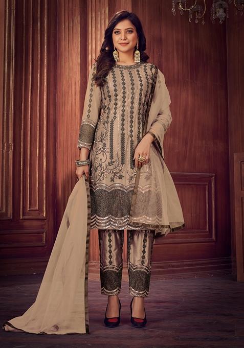 Beige Embroidered Net Kurta Set