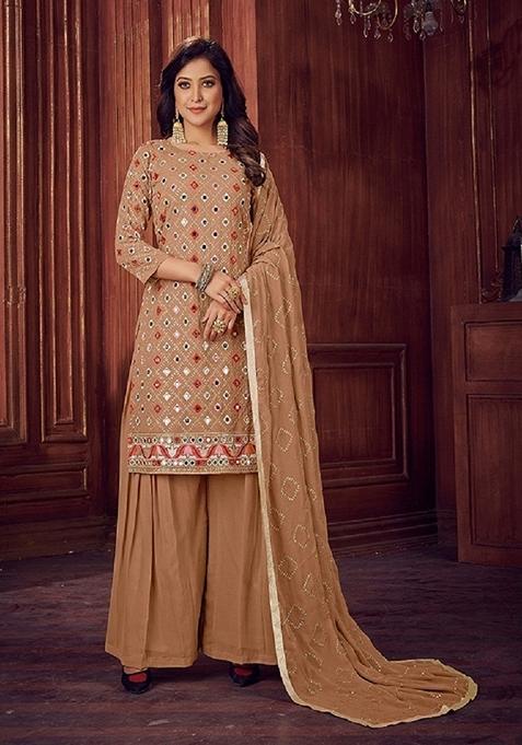 Beige Embroidered Georgette Kurta Set