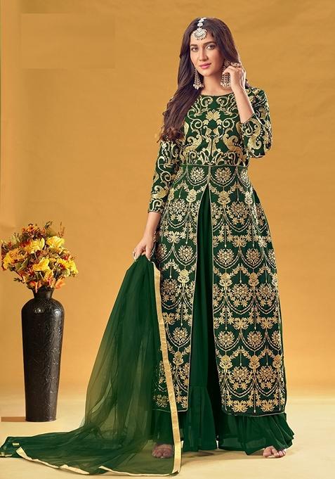 Green Embroidered Georgette Kurta Set