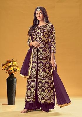 Wine Embroidered Georgette Kurta Set