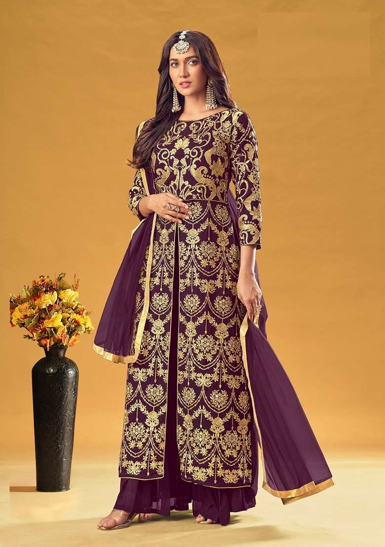 Wine Embroidered Georgette Straight Kurta Set - Indya
