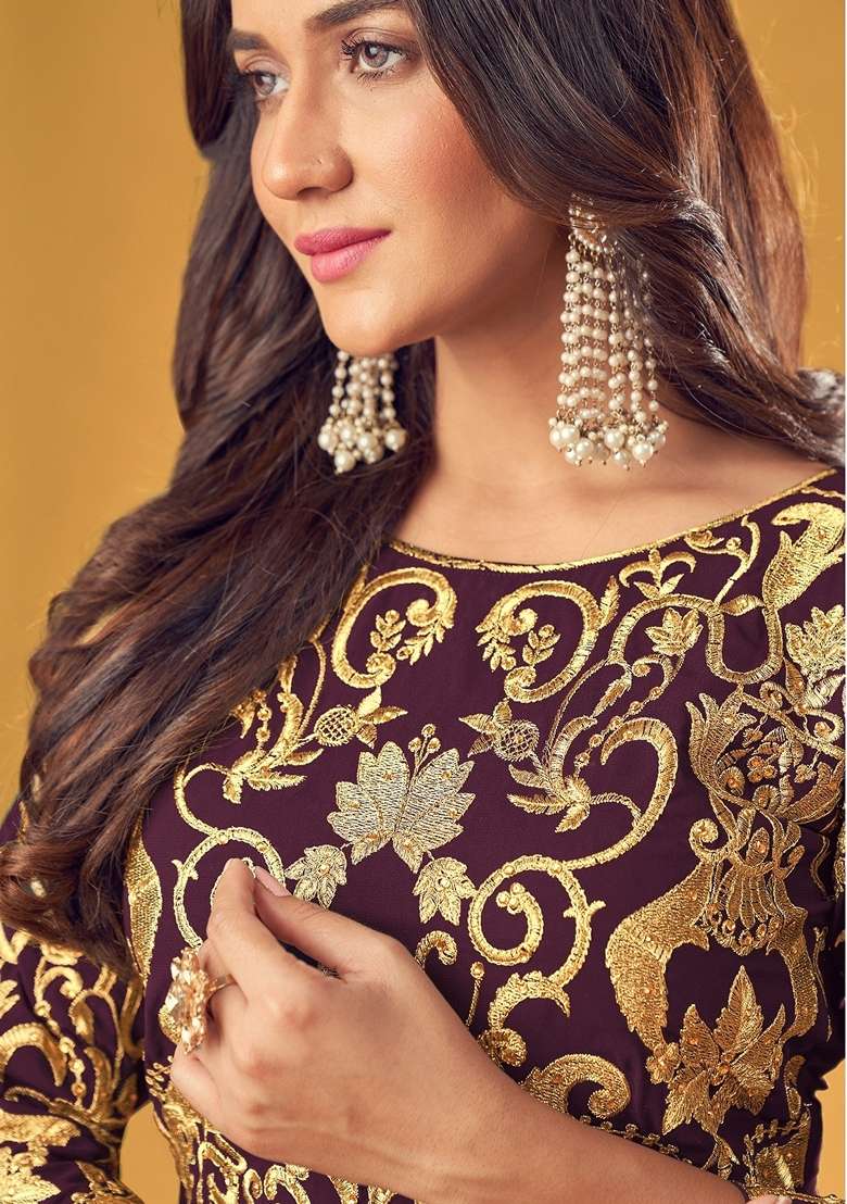Wine Embroidered Georgette Straight Kurta Set - Indya